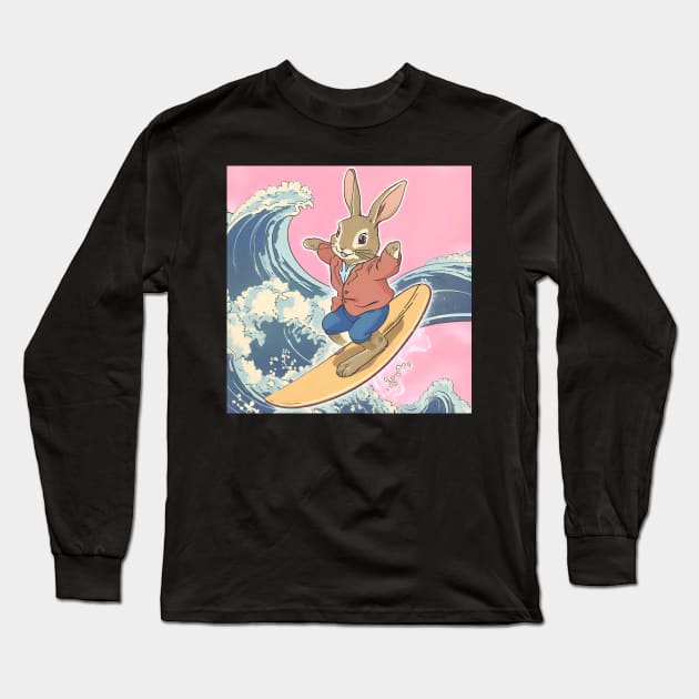 Ocean Waves of a Surfer Doing Surf Tricks on Surfboard Surfing Life of Rabbit Long Sleeve T-Shirt by wigobun